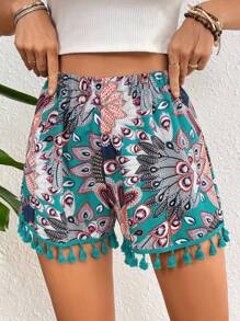 SHEIN VCAY Ladies Bohemian Style Printed Shorts With Tassel Hemline, Perfect For Vacation - Green - View 4