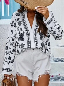 SHEIN LUNE Women's Random Printed Notched V-Neck Vacation Spring/Summer Long Sleeve Shirt