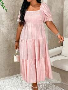 Flirla Đầm Maxi Tay phồng kẻ caro phong cách nghỉ dưỡng cỡ lớn cho nữ đi biển - Hồng - Xem 4
