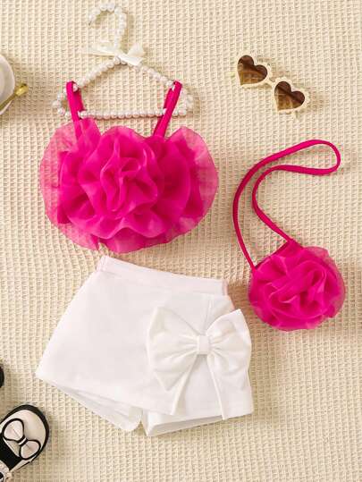 SHEIN 嬰兒女孩3入組熱粉色花卉印花上衣與斜挎包,春夏時尚花卉印花日常套裝