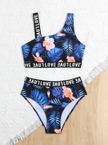 Ensemble bikini bandeau pour fille préadolescente à imprimé tropical aléatoire avec détail de lettre