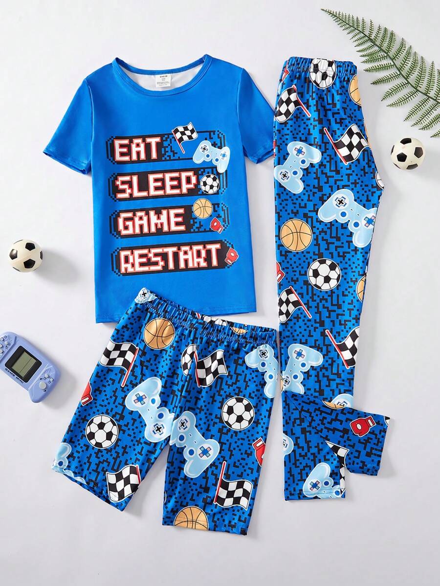 3pcs Tween Boy Snug Fit Gaming Controller Print Pajama Set - Blue - View 1