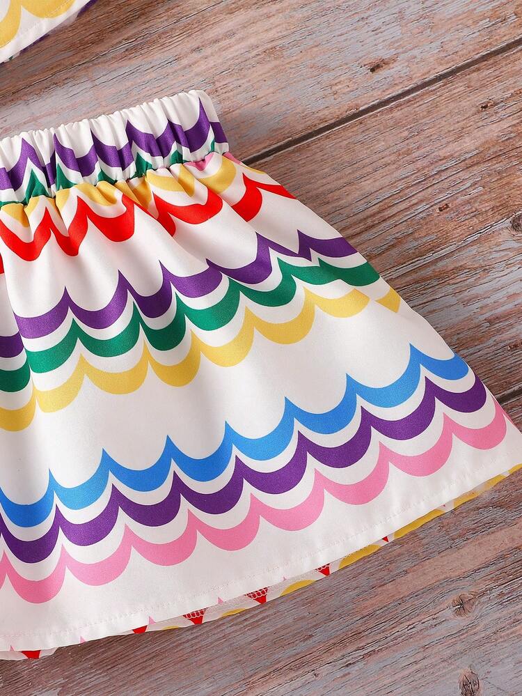 Baby Girl Gorgeous Rainbow Print Wave & Cap Sleeve Blouse With Skirt, Summer Style