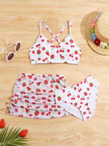Tween Girl 水果 & Ditsy Floral 分体比基尼套装 夏日海滩 - 彩色 - 查看 1