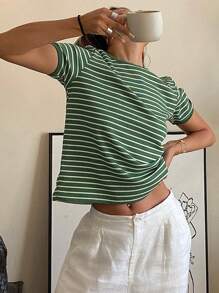 Livesso Women's Striped Round Neck Slightly Loose Fit Short Sleeve T-Shirt Summer Easter - Green - View 8