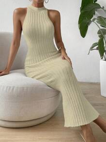 RosyDaze Solid Color Slim Fit Sleeveless Knitted Sweater Dress