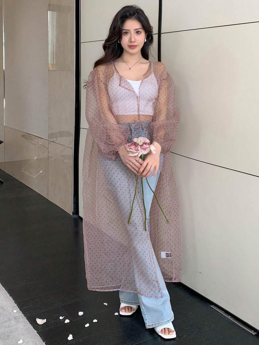 DAZY 女士时尚长款和服外套，采用透明网眼设计，夏季 - 彩色 - 查看 1