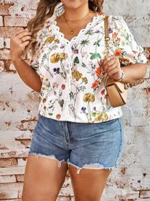 SHEIN LUNE Plus Size Summer Casual Patchwork Lace Floral Printed Blouse