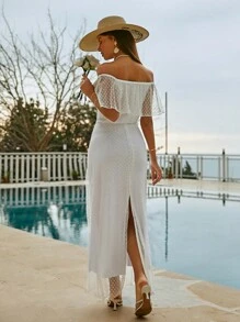 RueChic Women Off Shoulder Ruff Trim Long Dress - White - View 2