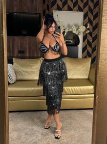 SHEIN SXY Váy tua rua gợi cảm cho nữ, mùa xuân hè - màu đen - Xem 3