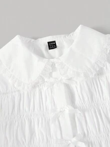 SHEIN MOD 蝴蝶結綁帶折疊蕾絲下擺泡泡袖衣服 - 白色 - 查看 3