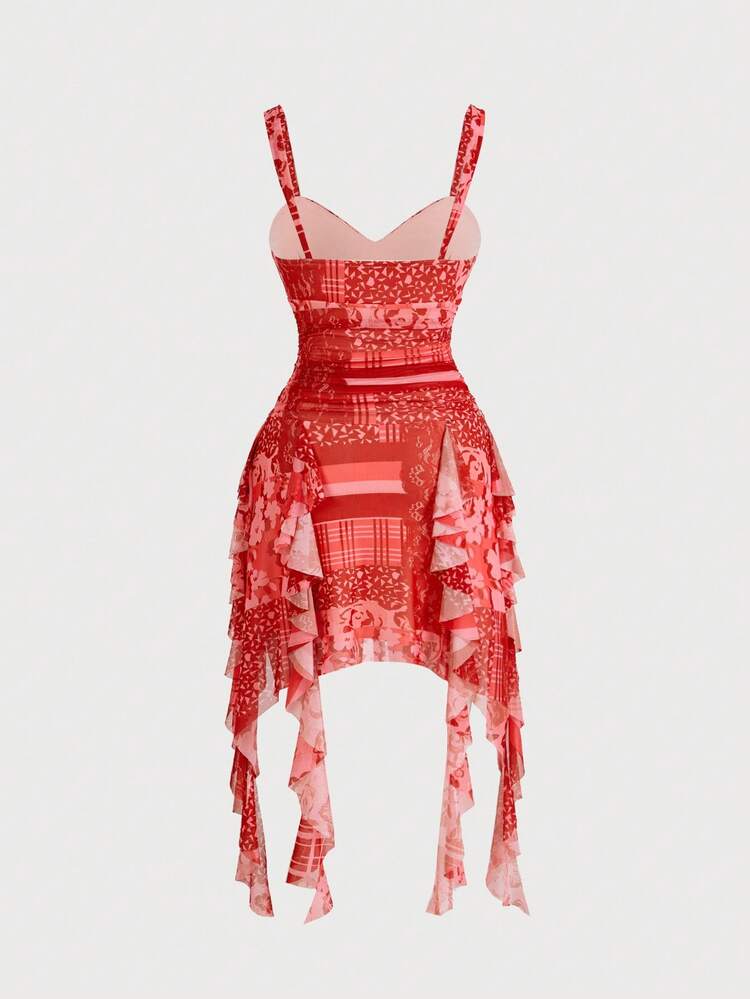 Summer Romantic Floral & Geometric Print Ladies' Asymmetrical Hem Cami Dress