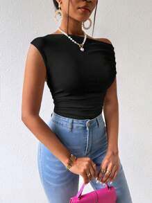 Chiquease Body Uni Avec Encolure Asymétrique Plissée Et Ajustement Slim