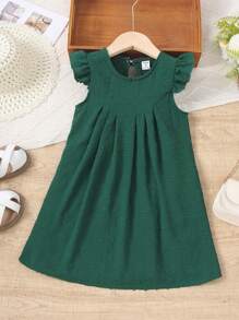 SHEIN Vestido Evasê de Manga Curta com Babados em Cor Sólida para Uso Casual Diário na Primavera e Verão para Meninas Jovens - Verde - Visão 1
