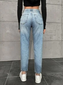 SHEIN Cottnline 休闲洗水妈咪版型牛仔裤 - 淺色水洗藍 - 查看 2