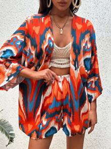 SHEIN Ensemble Imprimé Kimono Et Mini-short Avec Effet Marbré Multicouleur Partout