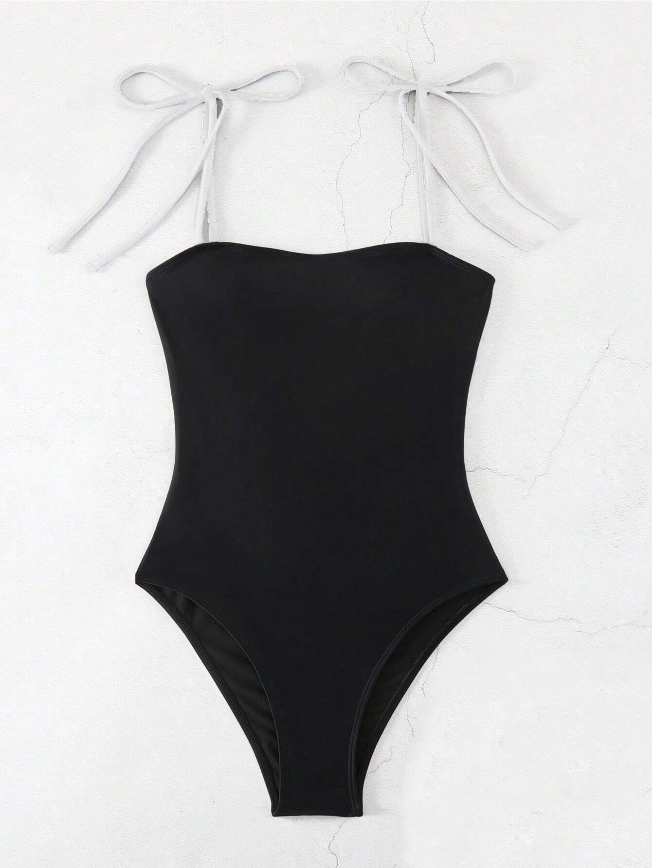 SHEIN Swim Maiô feminino de uma peça com alça decorativa nas costas e amarração halter para praia e férias à beira-mar - Preto e Branco - Visão 4