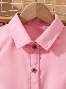 Tween Girl Ruffle Trim Mid-Length Dress With Turn-Down Collar And Woven Belt - Pink - View 2