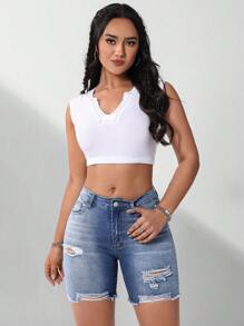 Women's Fashion Distressed Denim Shorts - Medium Wash - View 4