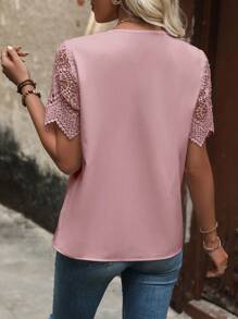 EMERY ROSE Blusa Casual De Manga Corta Con Bordado De Encaje Soluble En Agua Y Parche De Tela Para El Verano