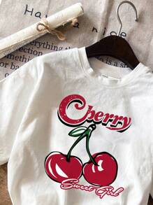 Attitoon 休闲樱桃印花白色圆领短袖修身女式 T 恤，棉混纺，适合夏季 - 白色 - 查看 3