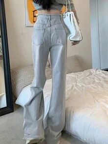 Washed Frayed Hem Wide Leg Jeans - Light Wash - View 2