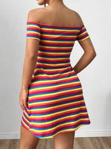 SHEIN EZwear Sọc Cầu vồng Dệt kim Off-shoulder Của phụ nữ Váy bodycon - Nhiều màu - Xem 2