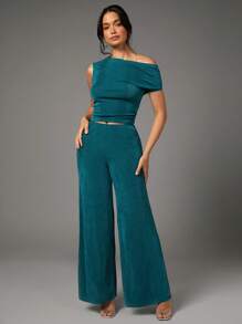 Silquee Summer Green Asymmetric One-Shoulder Gathered Pleated Women's Top And Wide-Leg Loose Trousers Women's Trousers Two-Piece Set
