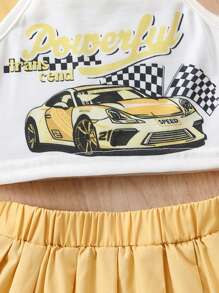 3pcs/Set Baby Girl Racing Car Themed Printed Cami Top, Zipper Vest And Pleated Skirt Cute Streetwear Y2k Daily Outfits, Spring/Summer - Multicolor - View 4