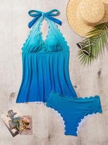 SHEIN Swim Summer Ladies' Shell Edge Gradient Halterneck Tankini, Two-Piece Swimwear - Blue - View 6