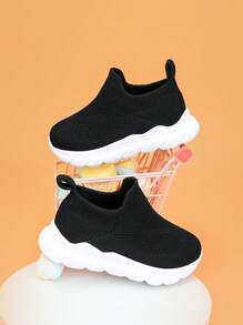 儿童轻便透气套脚运动鞋，弹性鞋面方便穿脱，贴合儿童脚型，纯色设计，适合日常穿着，返校季学生鞋，春秋季款 - 黑色 - 查看 2