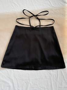 Soleia Solid Color A-Line Mini Skirt With Sash Festival Outfits - Black - View 4