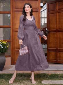 Modelyn 女士时尚夏季圆领蕾丝边收腰长裙 - 紫色 - 查看 7