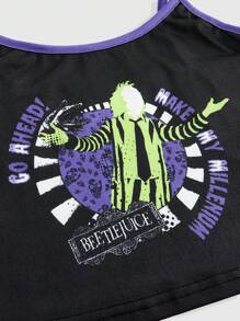 Beetlejuice | ROMWE Dark Gothic Horror Movie Patterned Cami Top & Pants Pajama Set, School - Black - View 7