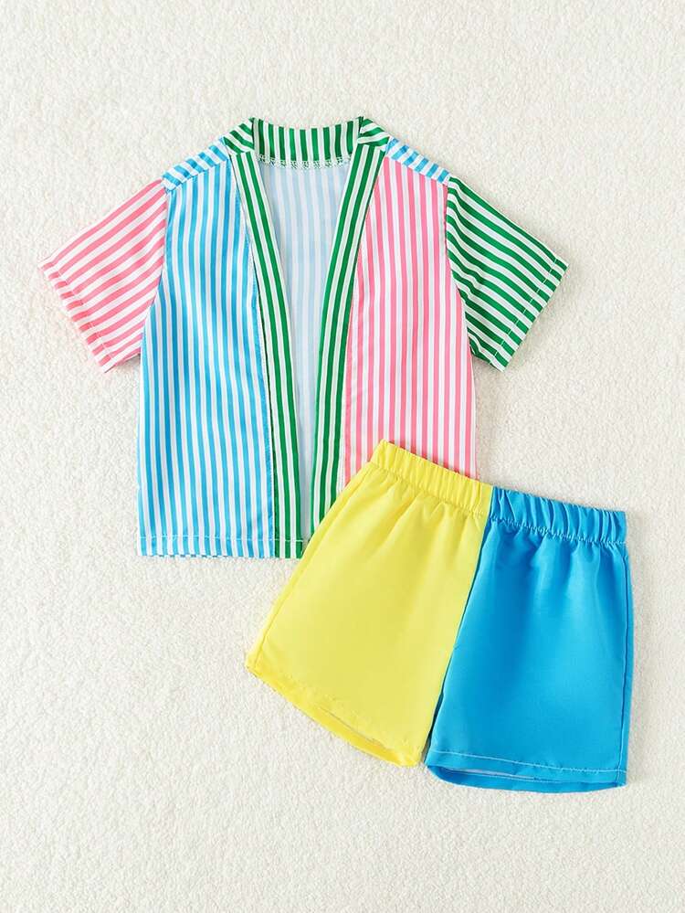 Baby Boys' Striped Print Short-Sleeved Top And Color Block Shorts Swimsuit