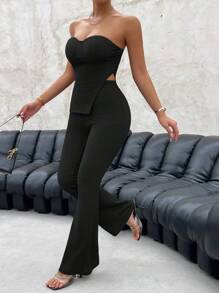 SHEIN SXY Bộ áo bó sát màu trơn không dây thời trang dành cho nữ và quần ống loe - màu đen - Xem 4