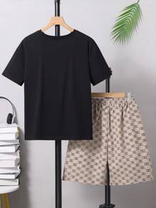 Conjunto De Camiseta Y Pantalones Cortos Con Parches Y Bloque De Colores Para Niños Adolescentes En Verano - Negro - Ver 2