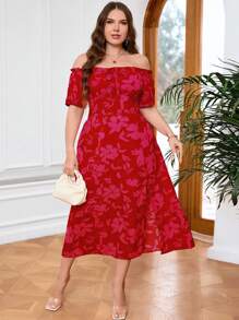 SHEIN Privé Plus Size Nữ Thanh Lịch Họa Tiết Hoa Lệch Vai Tay Ngắn Xẻ Midi Đầm - Đỏ - Xem 5