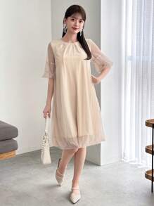FRIFUL Designer Ladies" Solid Color Round Neck Sheer Mesh Short Sleeve Japanese-Style Sweet Dress With Design Sense Sundress,Casual Women Dresses - Apricot - View 1