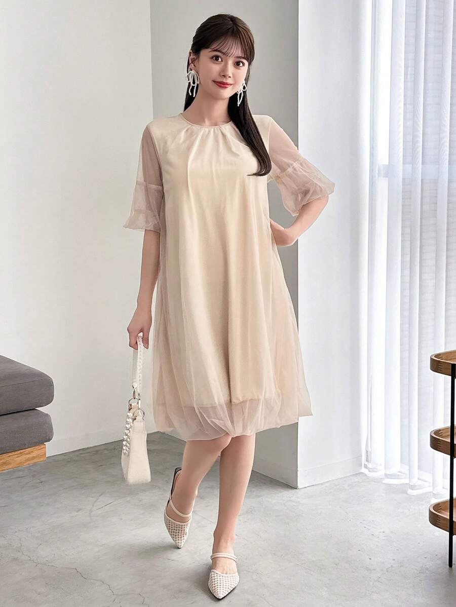FRIFUL Designer Ladies" Solid Color Round Neck Sheer Mesh Short Sleeve Japanese-Style Sweet Dress With Design Sense Sundress,Casual Women Dresses - Apricot - View 1