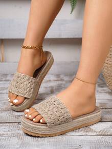 女士亞麻坡跟厚底鞋,度假風格漁夫拖鞋 - 卡其色 - 查看 4