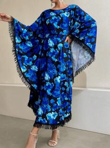 Al Najma Women's Floral Print Fringed Batwing Sleeve Dress Kaftan Jalabiya Dress - Blue - View 5
