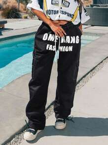 SHEIN Unity 帶字印花休閒束腰直腳褲 - 黑色 - 查看 1