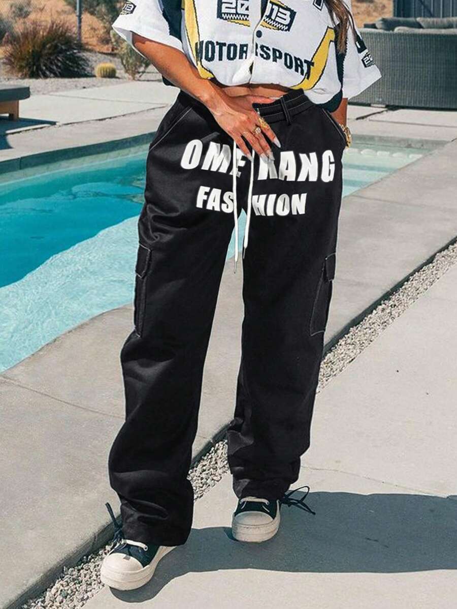 SHEIN Unity 帶字印花休閒束腰直腳褲 - 黑色 - 查看 1