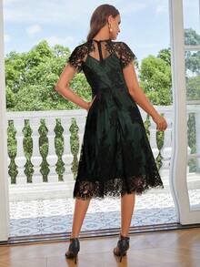 Floral Lace Scallop Trim Dress - Dark Green - View 2