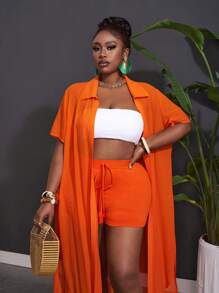 Slaydiva Bộ đồ ngủ và quần short vải voan trong suốt màu cam rộng rãi thoải mái ngày lễ cỡ lớn không có thun, áo sơ mi đi biển mùa hè, trang phục hai mảnh mùa hè - trái cam - Xem 6