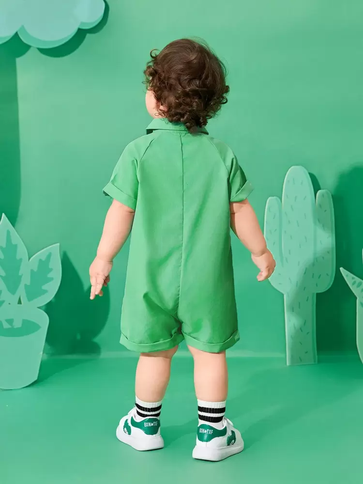 Baby Boys' Cute, Casual, Comfortable Solid Color Romper With Fashionable Contrast Button Design, Short Sleeve And Shirt Collar, Summer