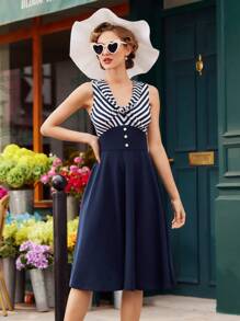 Vintamour Váy ô cổ chữ V kẻ sọc màu cổ điển cho nữ, không tay phía trước, phong cách xanh navy, kiểu ô dù cho kỳ nghỉ xuân/hè, ngày của mẹ, váy mùa hè cho nữ, váy mùa hè, váy suông, váy Hawaii, trang phục mùa hè, váy thường ngày, váy màu xanh, váy ngày 4 tháng 7, váy Derby, trang phục ngày của mẹ, màu xanh navy, cổ điển, trang phục tốt nghiệp, trang phục cưới, váy mùa hè thường ngày, váy ăn trưa - Màu xanh hải quân - Xem 8