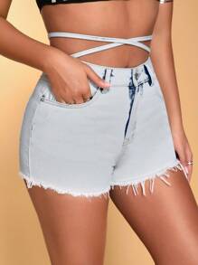 SHEIN BAE Women's Cross Waist Raw Edge Denim Shorts With Knot Detail