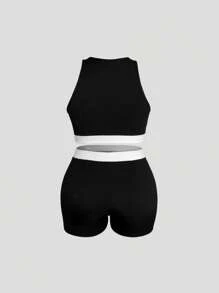 INAWLY Kích thước lớn Sành điệu Mùa hè Khối màu Top Cây trồng Và Quần short - Đen và trắng - Xem 5